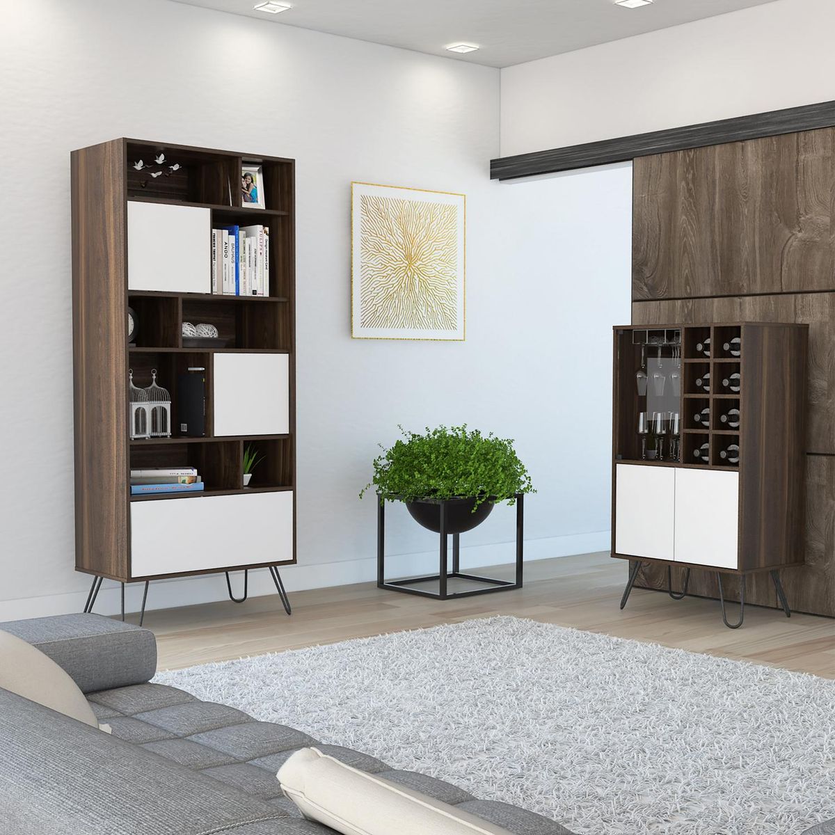 TUHOME - Biblioteca + bar 171x72x39 cm habano/blanca