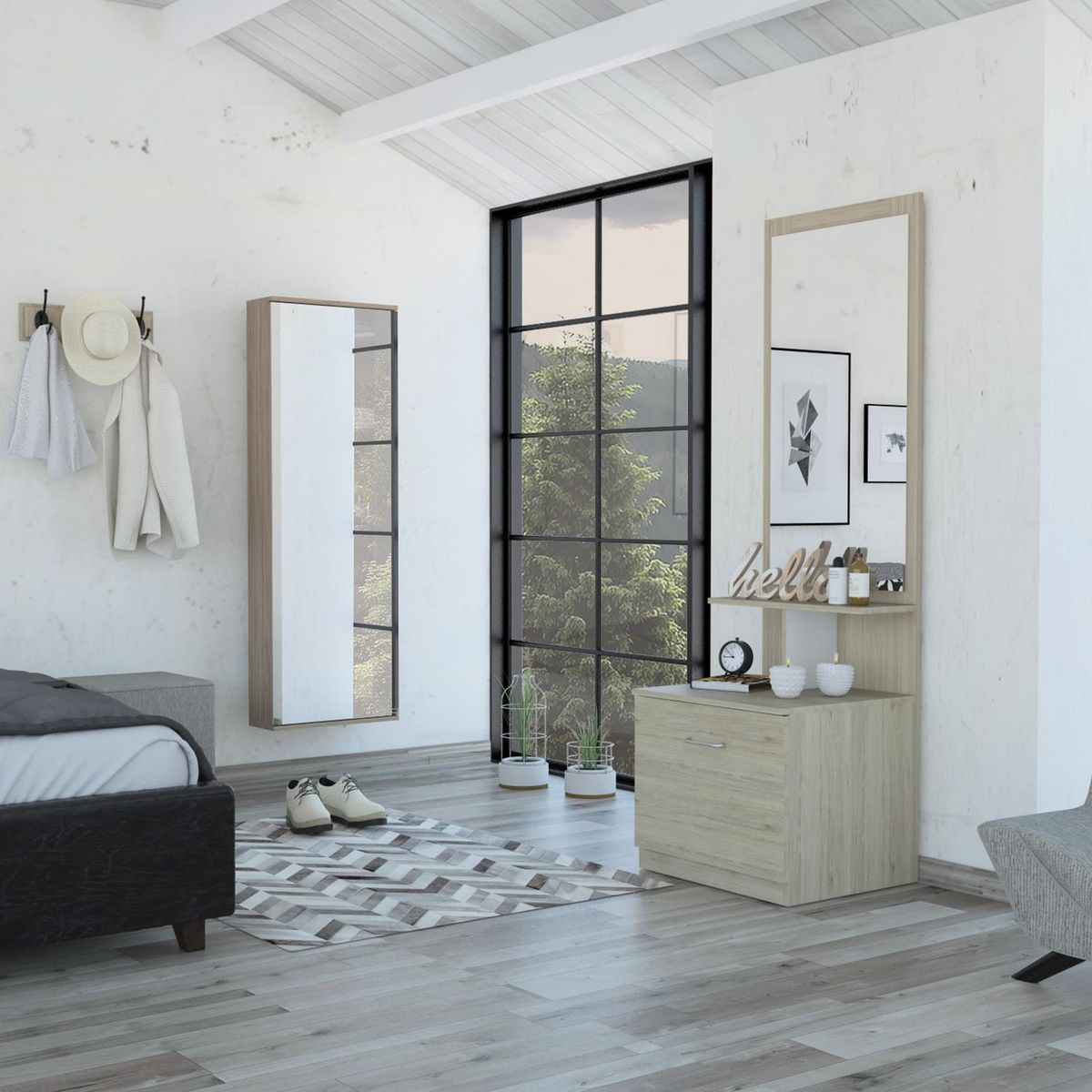 TUHOME - Zapatero + velador Rovere/blanco 171x54x48 cm