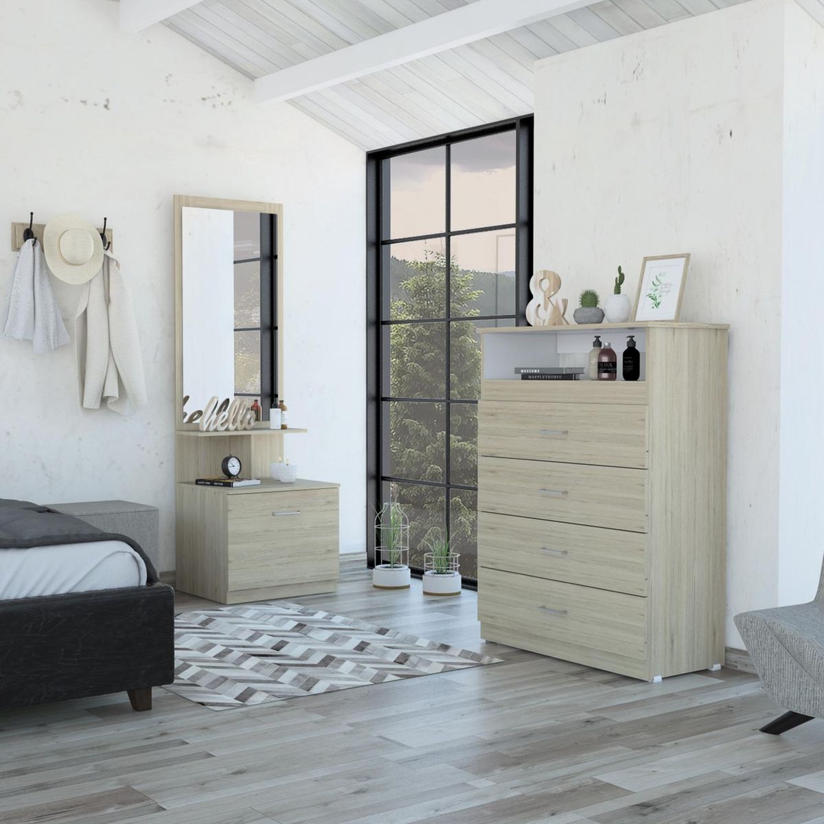 TUHOME - Cómoda/Velador 4 Cajón(es) C11-DRE 54x170.7x47.5 cm Rovere/Blanco