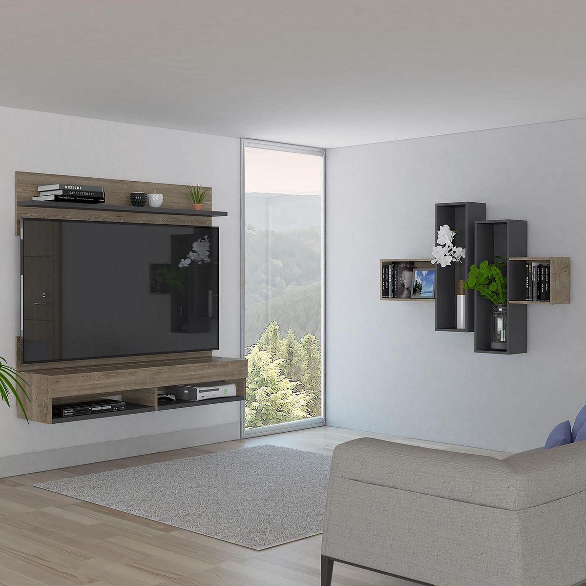 TUHOME - Panel + repisa miel/plomo 171x54x48 cm