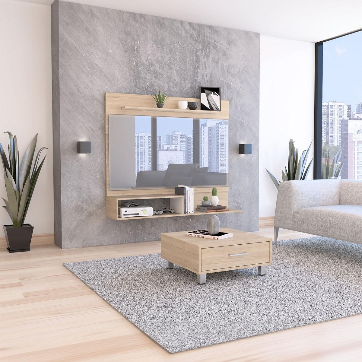 TUHOME - Panel TV 40" + mesa centro rovere/blanco 120x140x32 cm