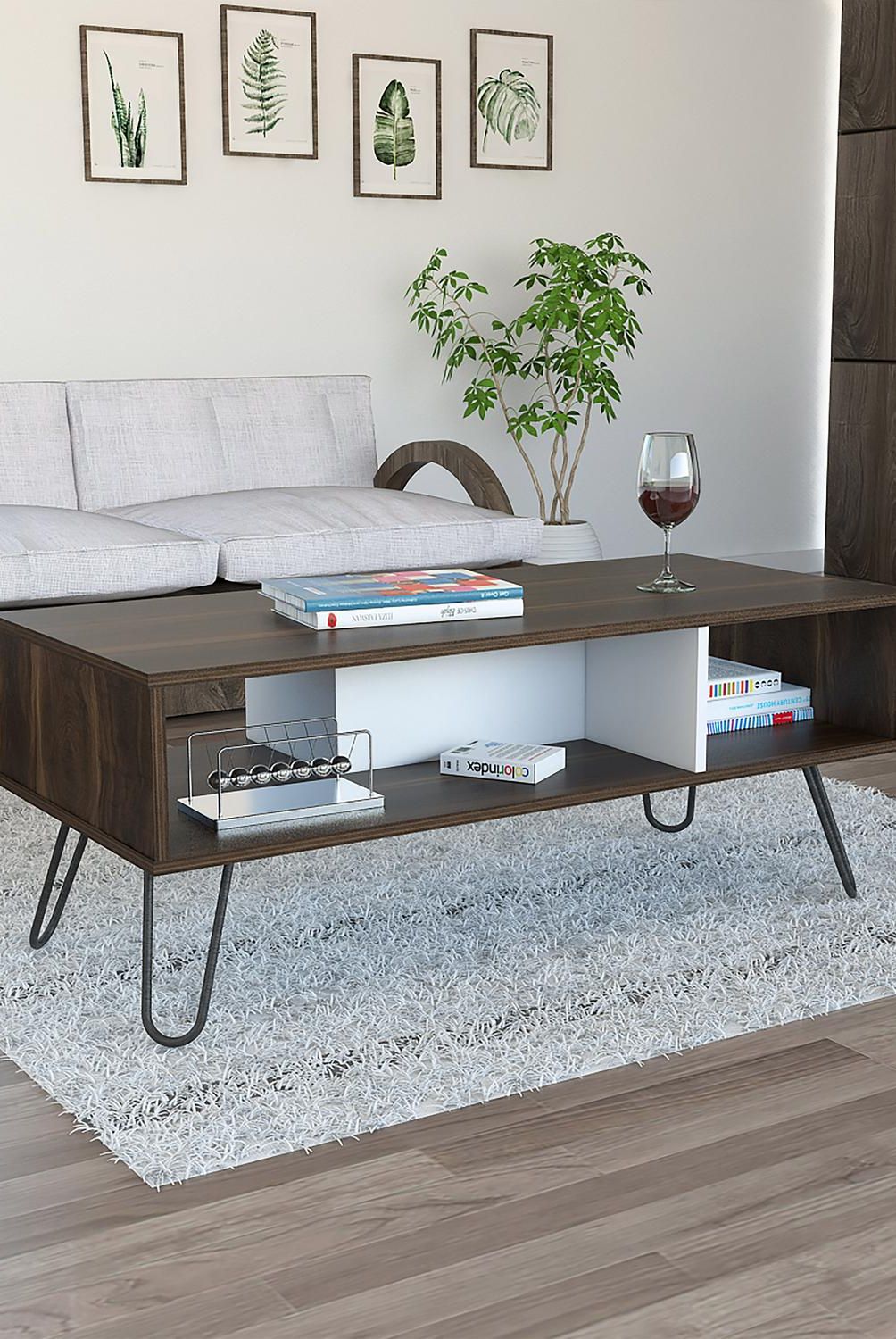 TUHOME - Mesa centro habano/blanca 40x101x45 cm