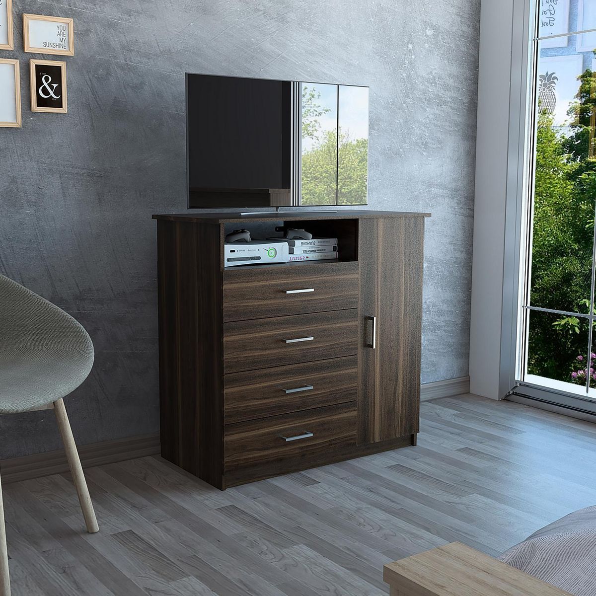 TUHOME - Cómoda 1 Puerta 4 Cajón(es) CLH 3794 91x88.6x46.1 cm Habano