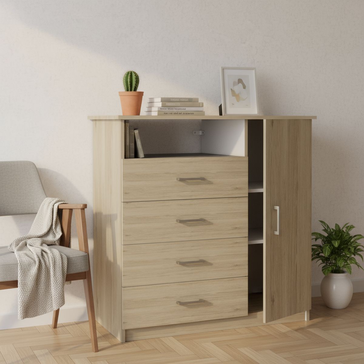 TUHOME - Cómoda 1 Puerta 4 Cajón 91x88.6x46.1 cm Habano