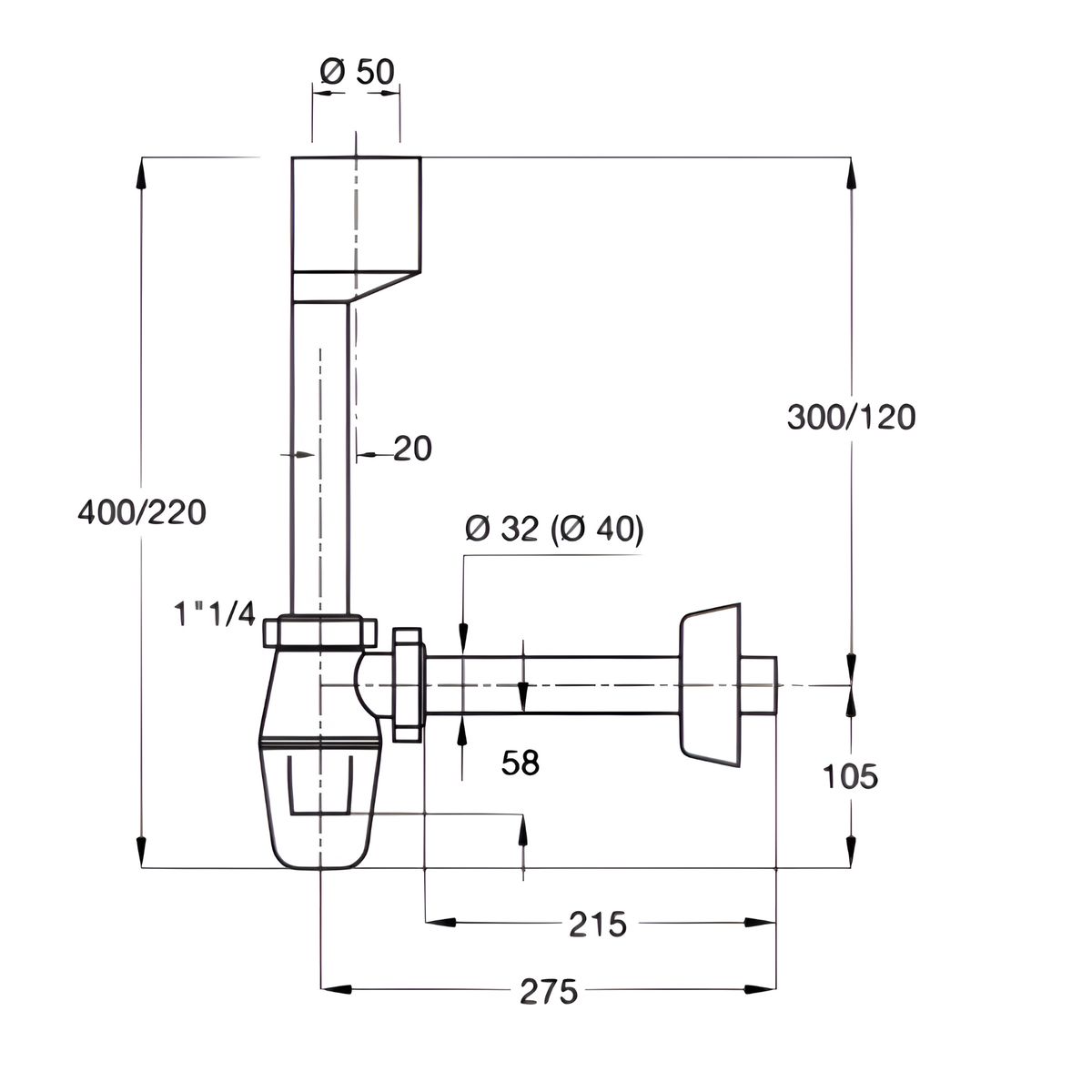 BONOMINI - Sifón Urinario Plástico Blanco 1 1/4 32x230 mm