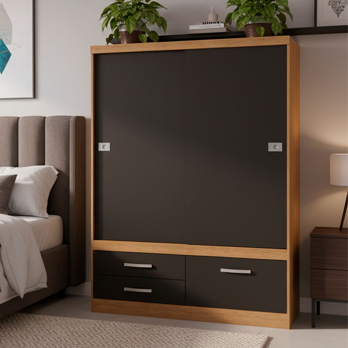 YARDAS - Clóset 2 Puerta(s) 3 Cajón(es) 2 Repisa(s) 136x180x52 cm Teca/Negro