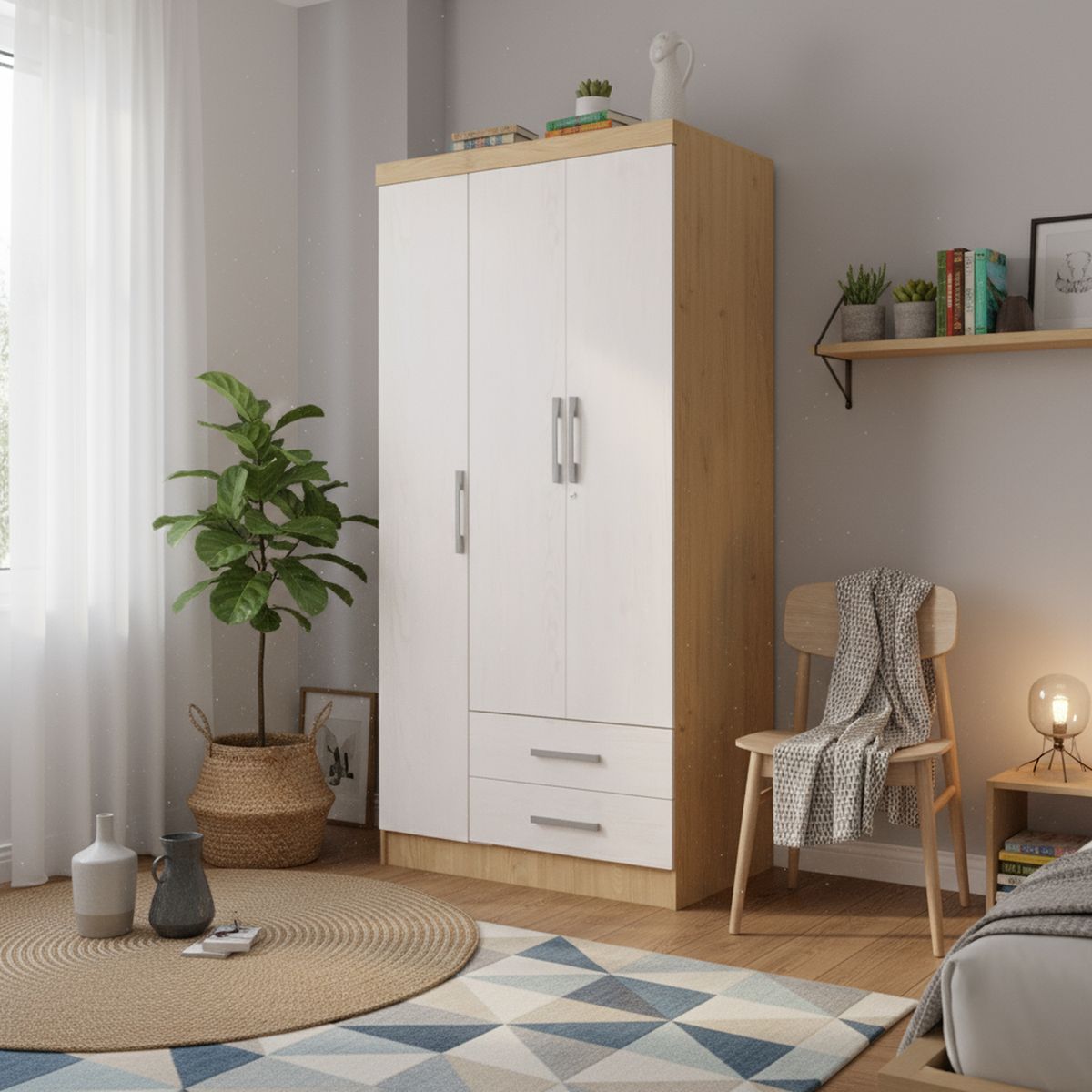 YARDAS - Clóset 3 Puerta(s) 2 Cajón(es) 3 Repisa(s) 91x180x47 cm Blanco/Natural