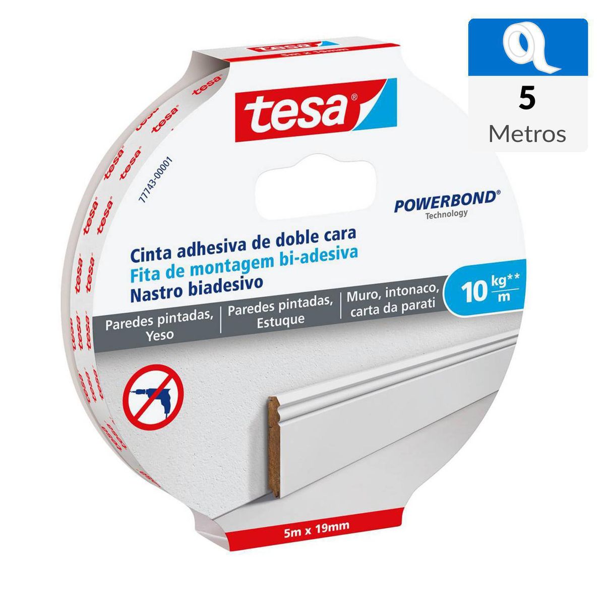 TESA - Cinta de doble contacto 5mx19mm para paredes pintadas y yeso 10 kg/m