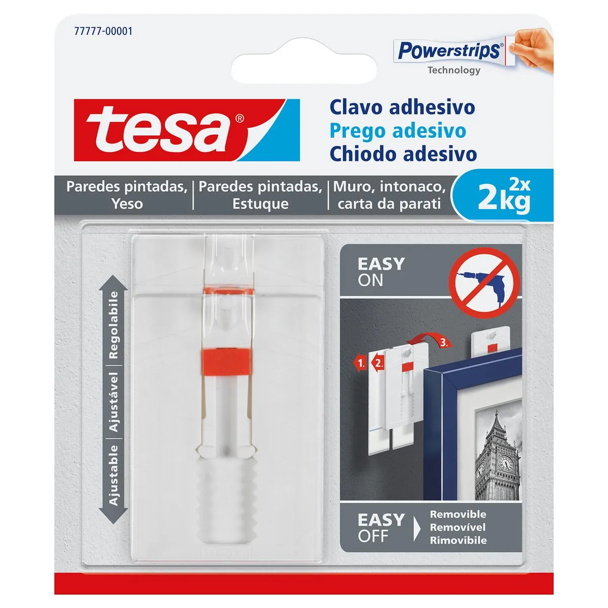 TESA - Clavo adhesivo ajustable para paredes pintadas y yeso 2 kg