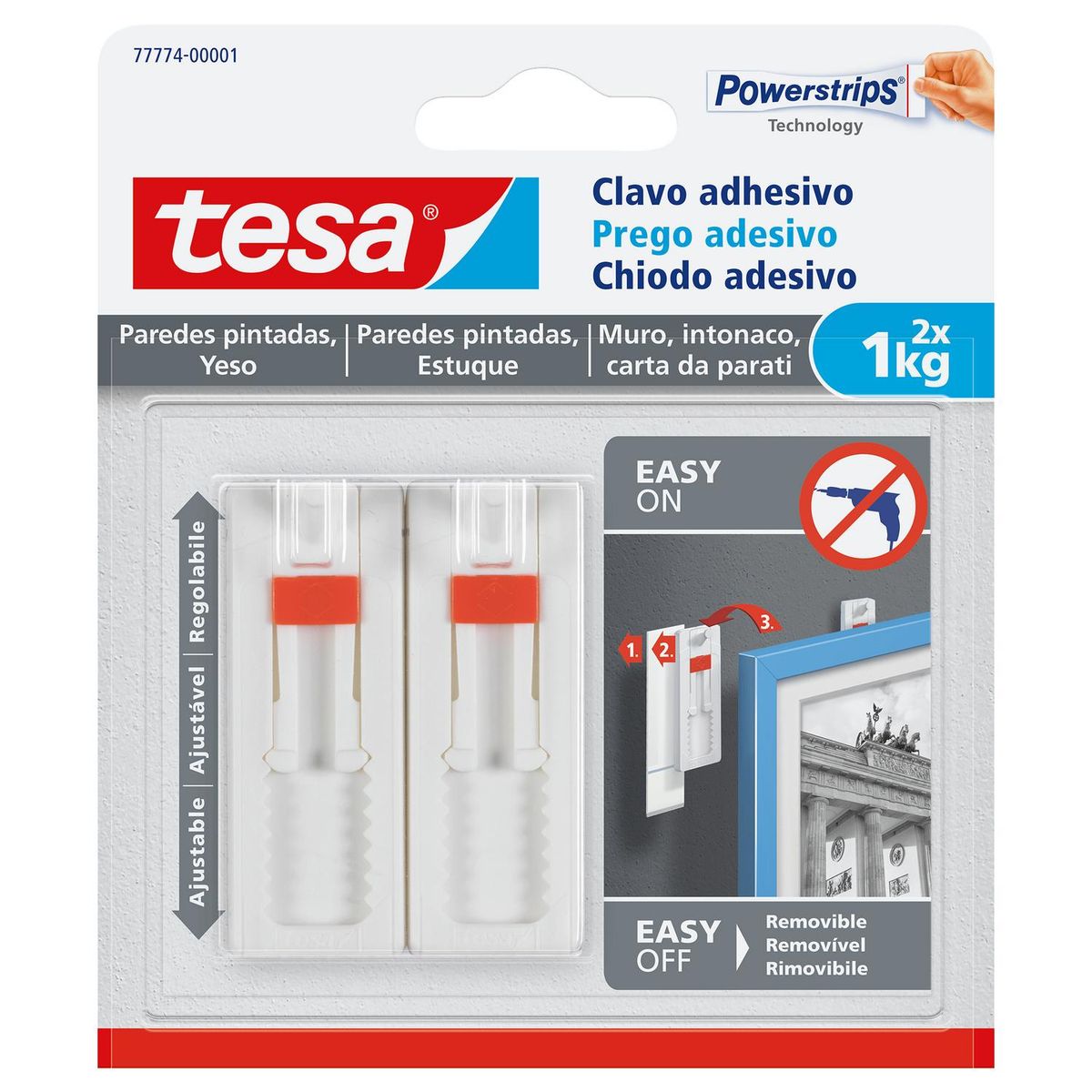 TESA - Clavo adhesivo ajustable para paredes pintadas y yeso 1 kg