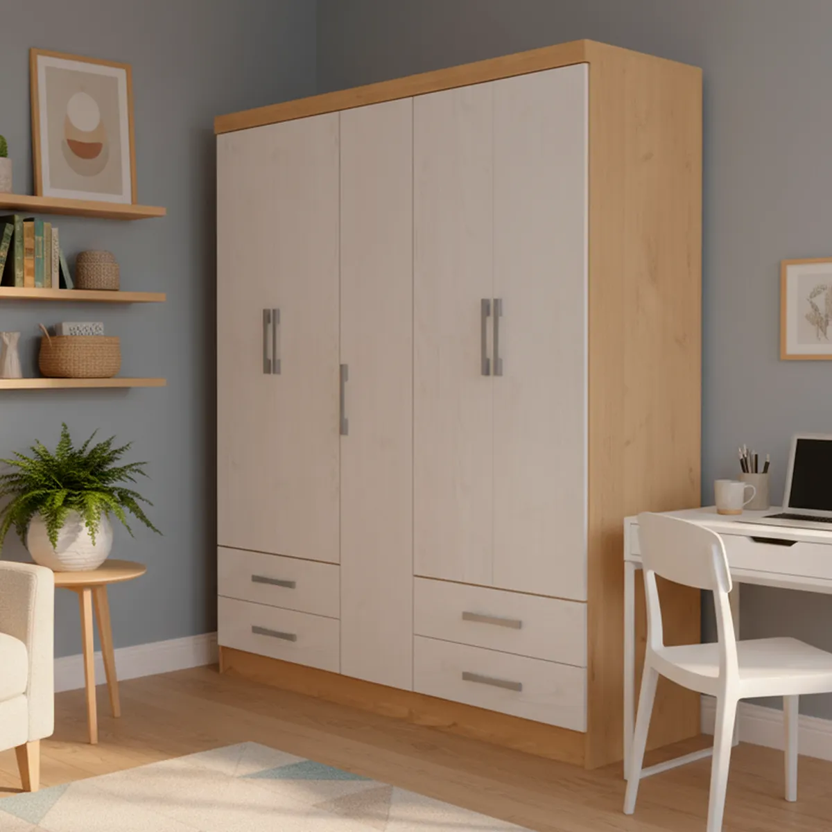 YARDAS - Clóset 5 Puerta(s) 4 Cajón(es) 3 Repisa(s) 152x181x47 cm Blanco/Natural