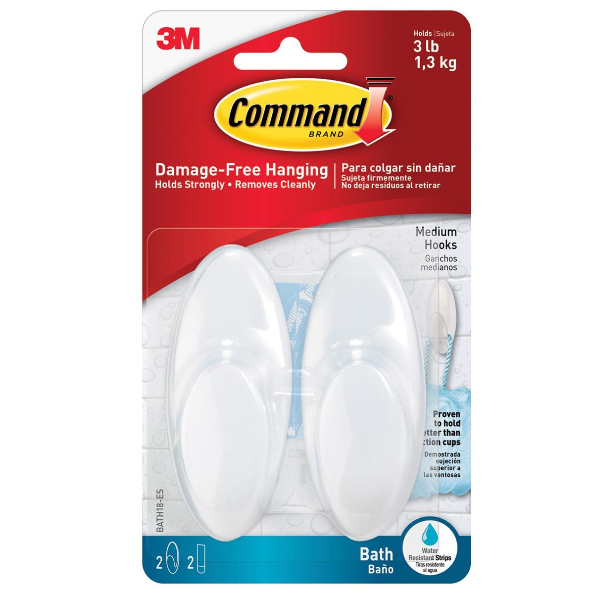 COMMAND - Gancho para Baño con Tiras Impermeables Mediano Blanco 2 unidades