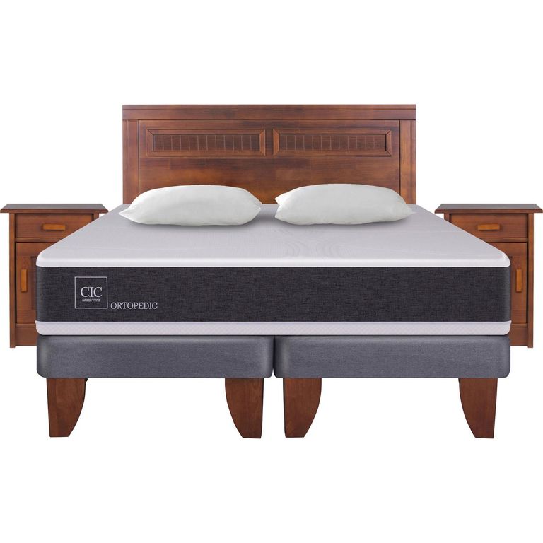 Cama Europea New Ortopedic 2 Plazas Bd + Muebles + 2 Almohadas