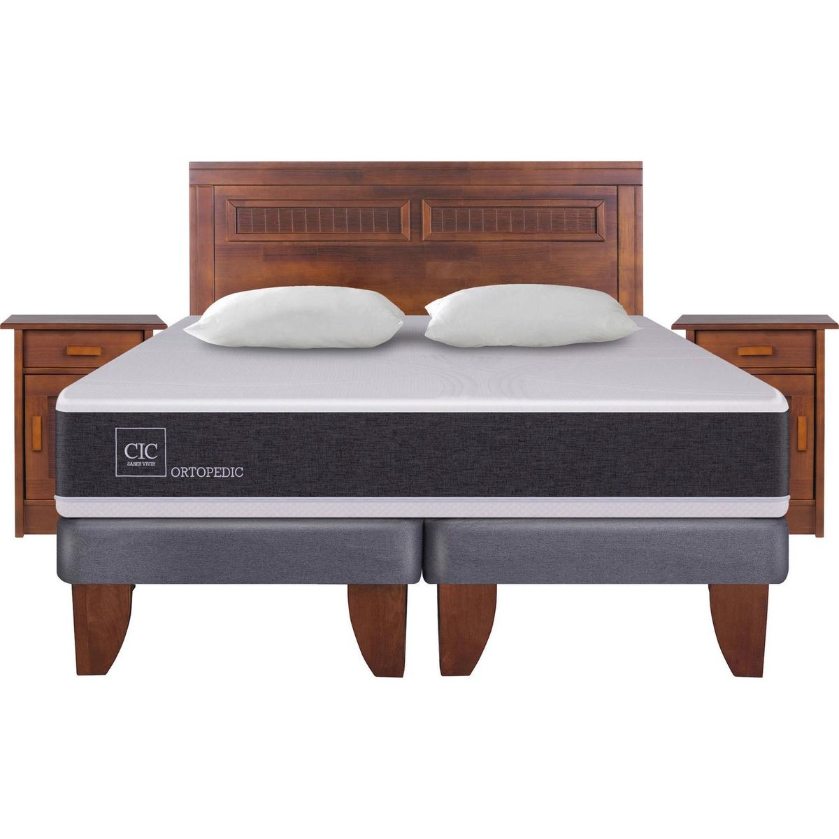 CIC - Cama Europea New Ortopedic 2 plazas BD + muebles + 2 almohadas