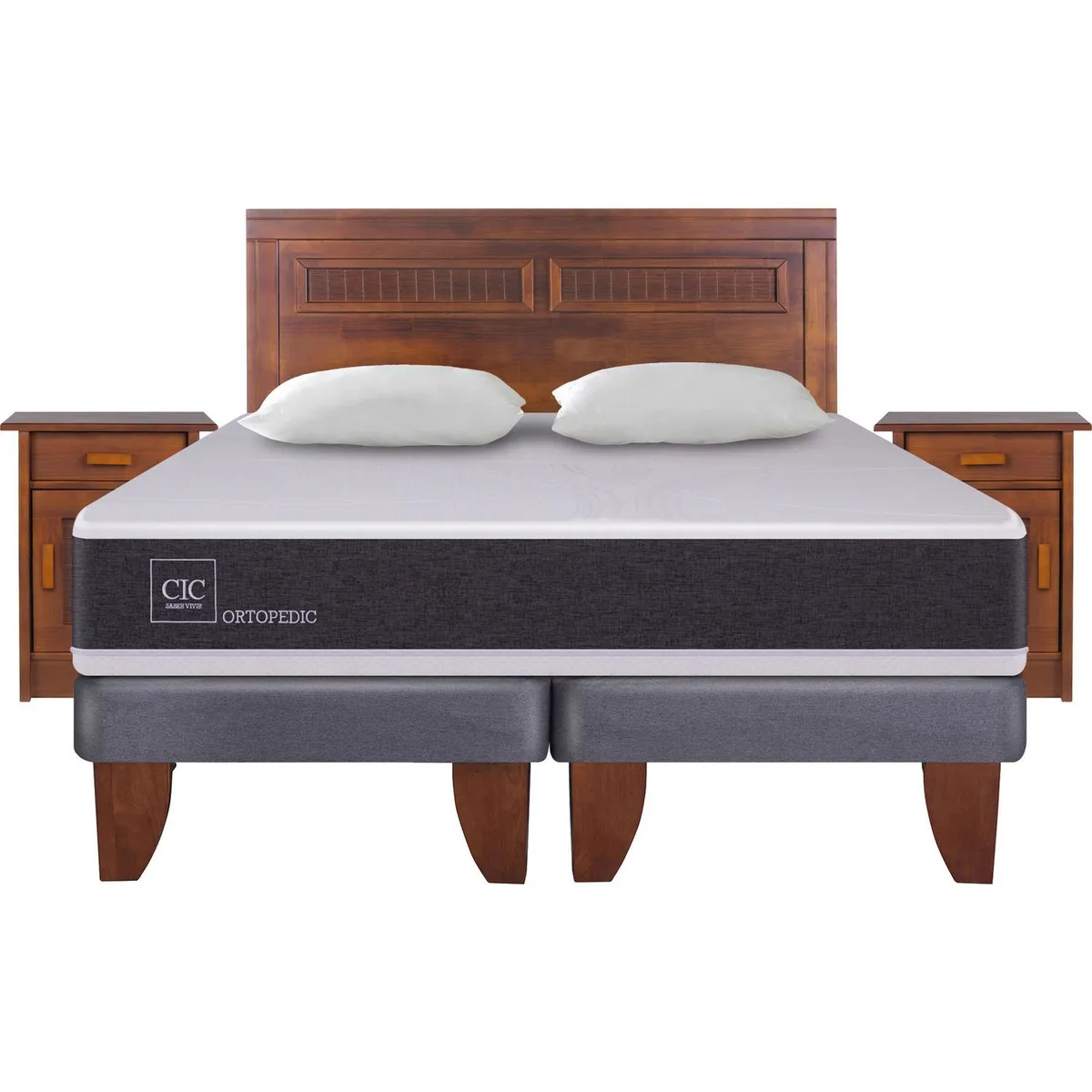 CIC - Cama Europea New Ortopedic King + muebles + 2 almohadas