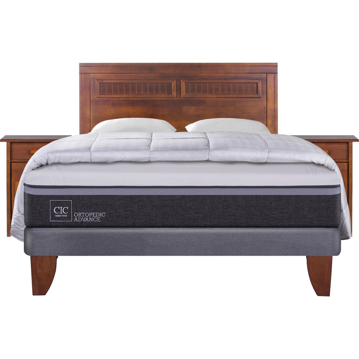 CIC - Cama Europea Ortopedic Advance 2 Plazas Bn + Muebles + Plumón + 2 Almohadas