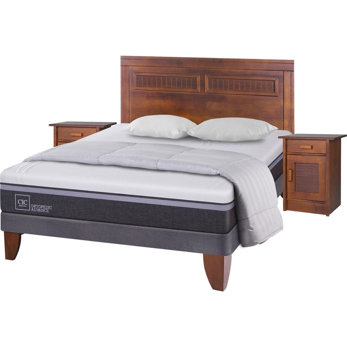 CIC - Cama Europea Ortopedic Advance 2 Plazas Bn + Muebles + Plumón + 2 Almohadas