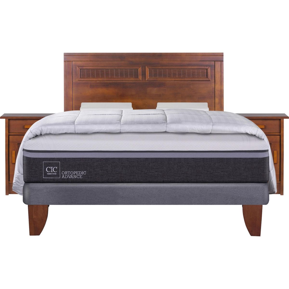 CIC - Cama Europea Ortopedic Advance 2 plazas BN + muebles + 2 almohadas