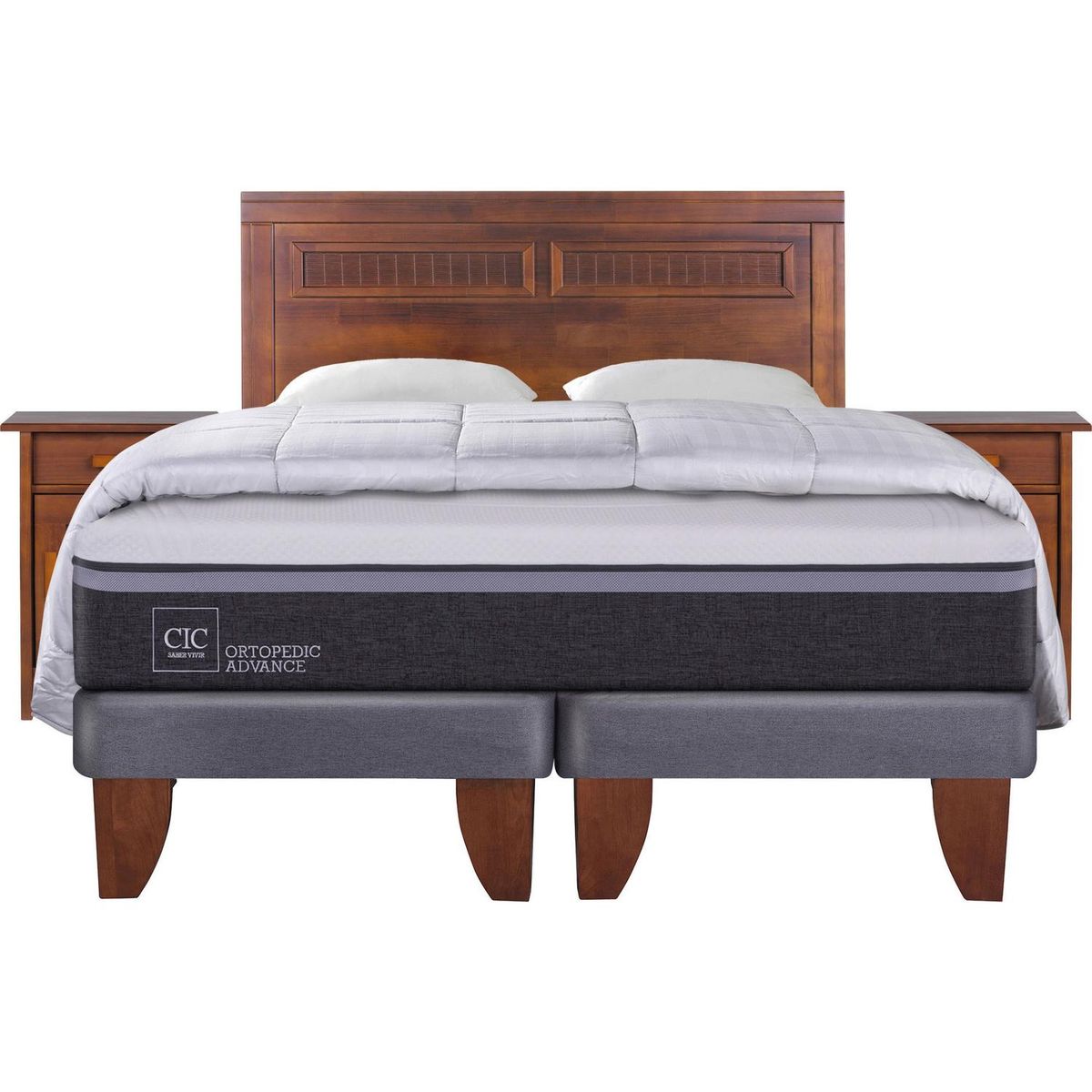 CIC - Cama Europea Ortopedic Advance 2 plazas BD + muebles + 2 almohadas + plumón