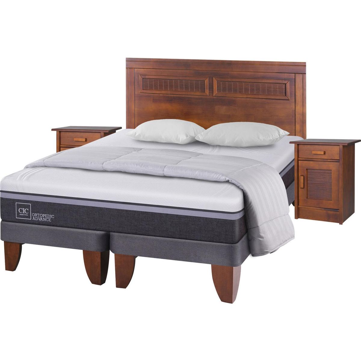 CIC - Cama Europea Ortopedic Advance King + muebles + plumón + 2 almohadas