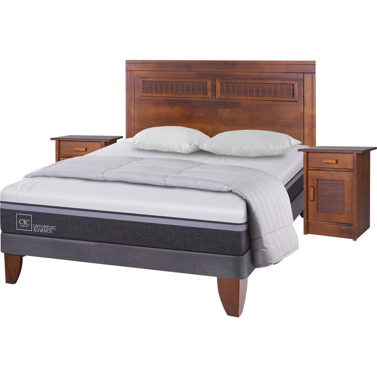 CIC - Cama Europea Ortopedic Advance 2 Plazas Bn + Muebles + Plumón + 2 Almohadas