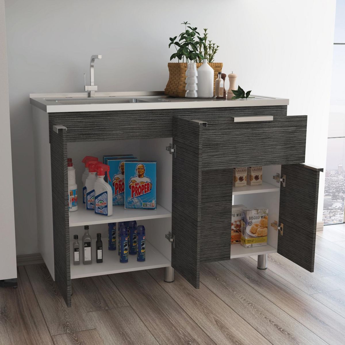 TUHOME - Mueble de cocina con lavaplatos 120x51,5x88 cm Gris/blanco
