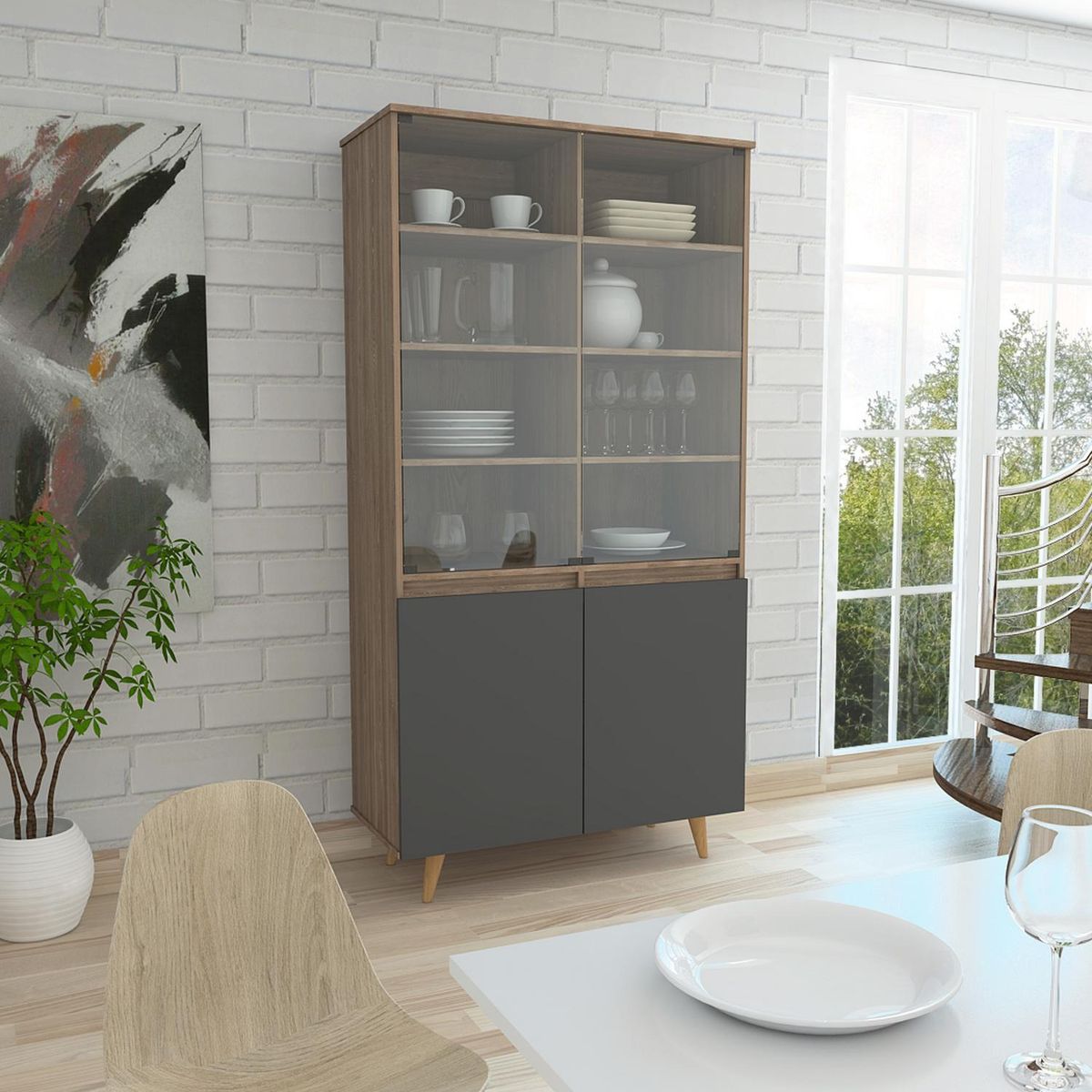 TUHOME - Vitrina 91,1x42,1x180 cm Miel/gris