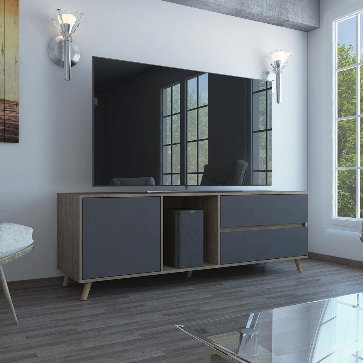 TUHOME - Rack de TV 60" 158,4x38x58,4 Miel/plomo