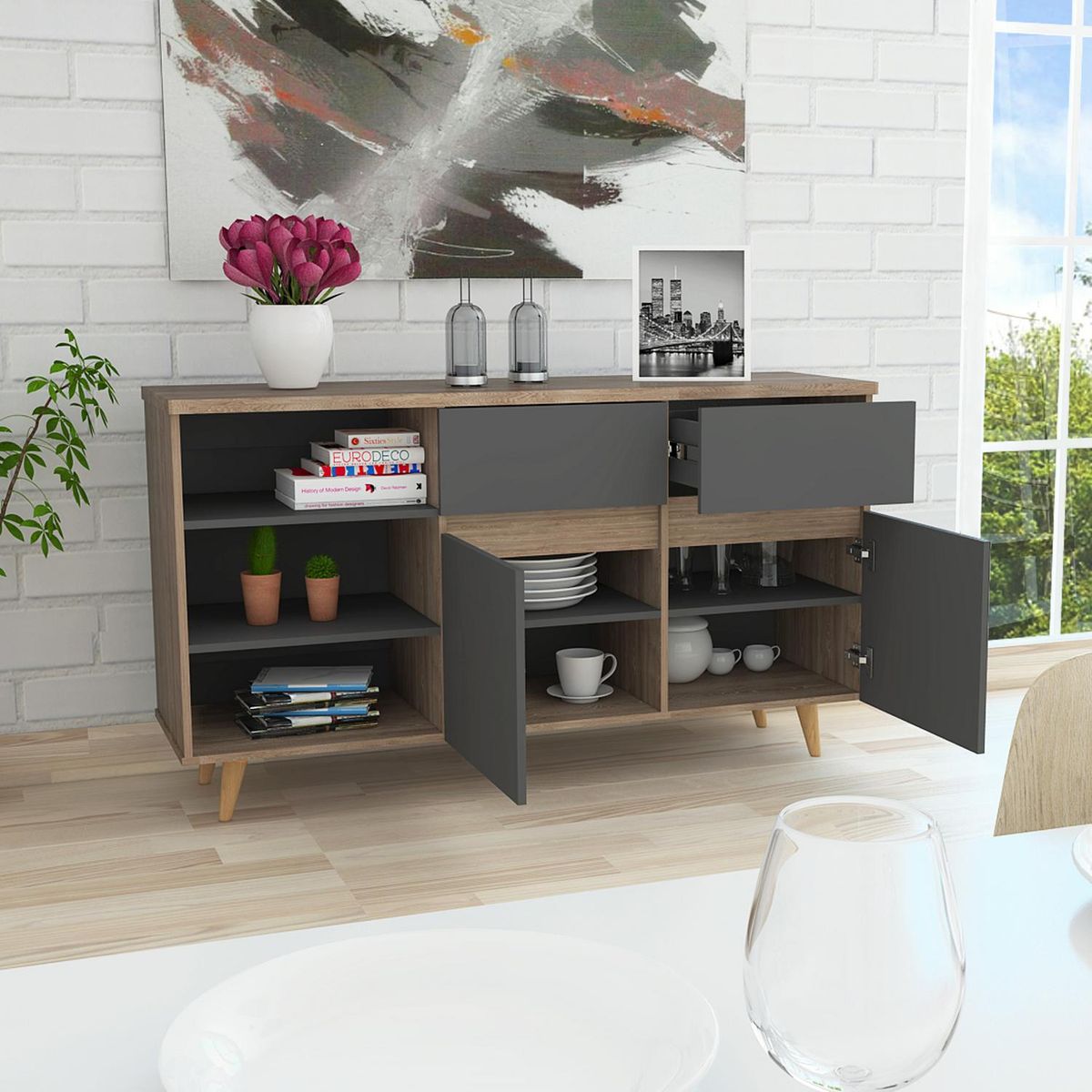 TUHOME - Buffet 140,1x42,1x78,4 cm Miel/gris