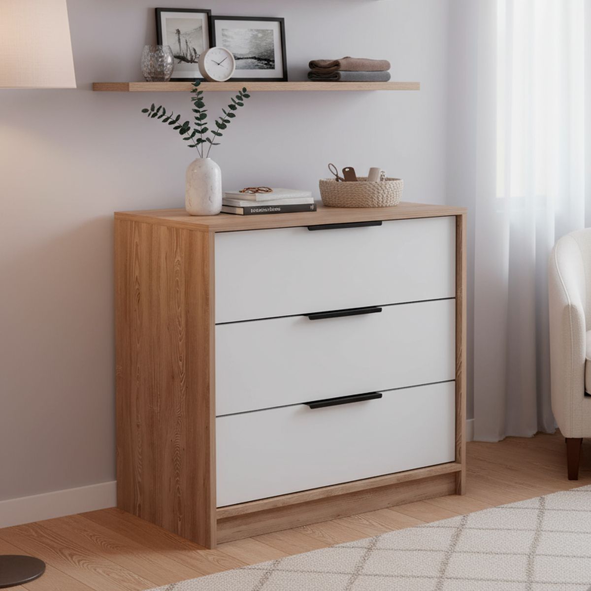 TUHOME - Cómoda 3 Cajón(es) KAIA 70x68.7x41.3 cm Miel/blanco