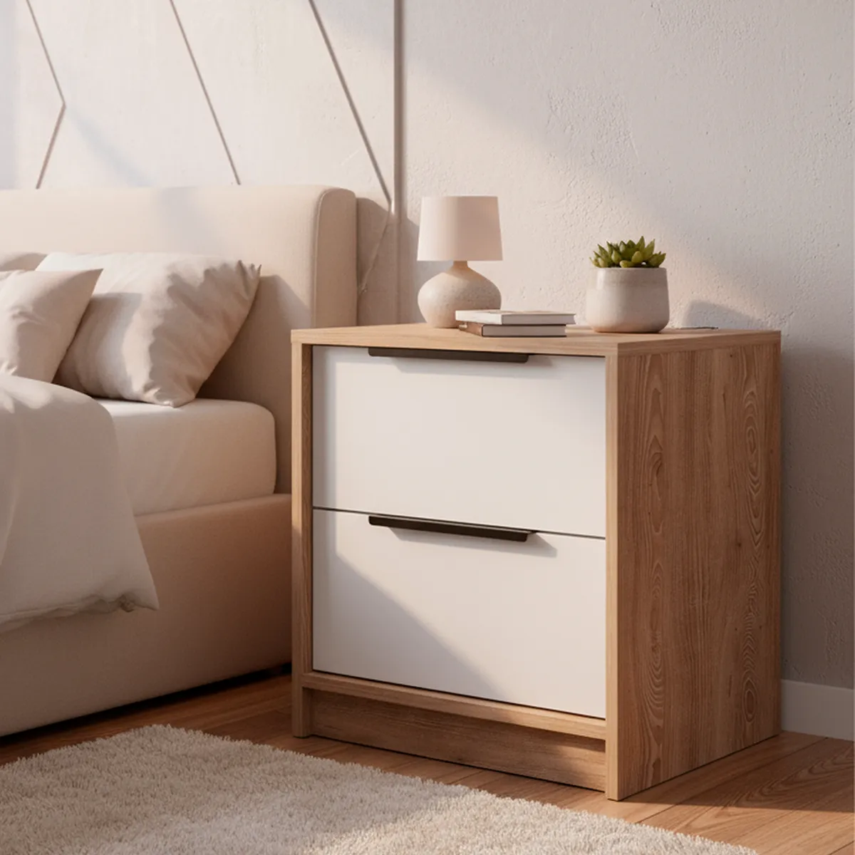 TUHOME - Velador 2 Cajón(es) KAIA 41x48x41.3 cm Miel/blanco