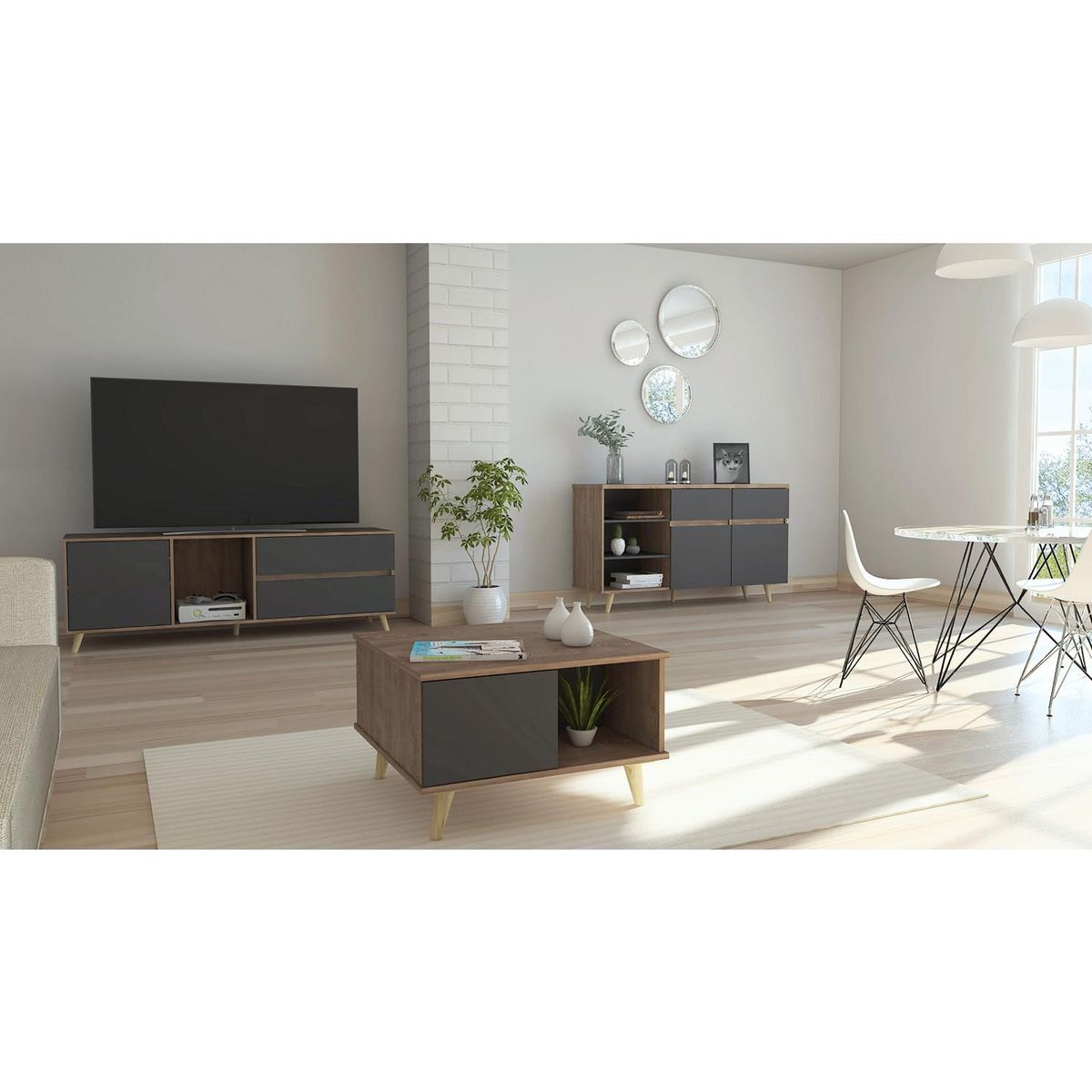 TUHOME - Set rack de TV 60" + buffet + mesa de centro miel/gris