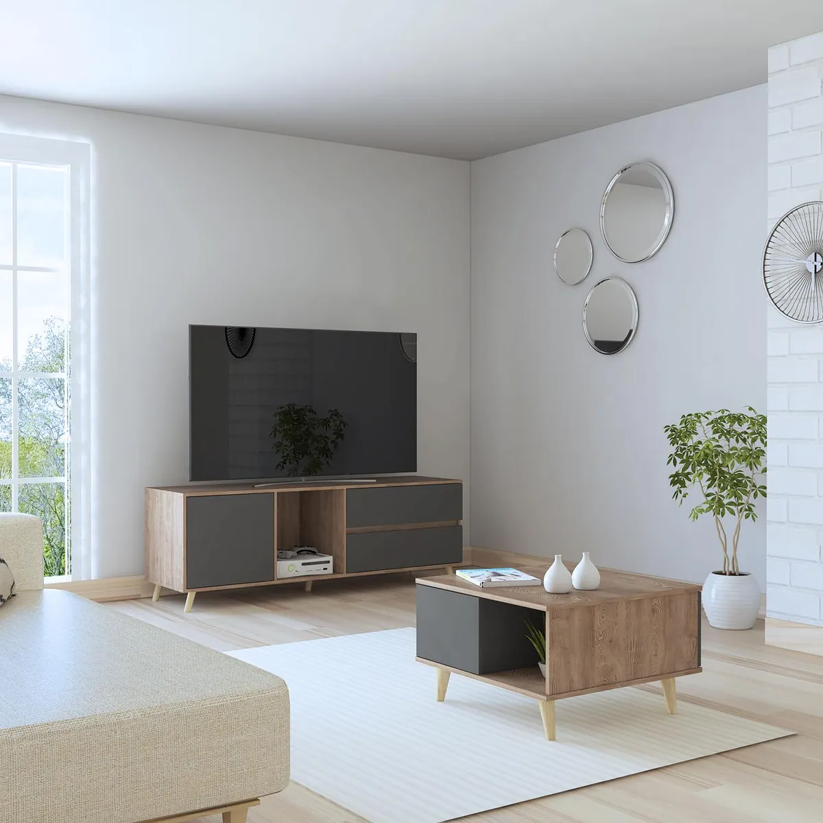 TUHOME - Set rack de TV 60" + mesa de centro miel/gris