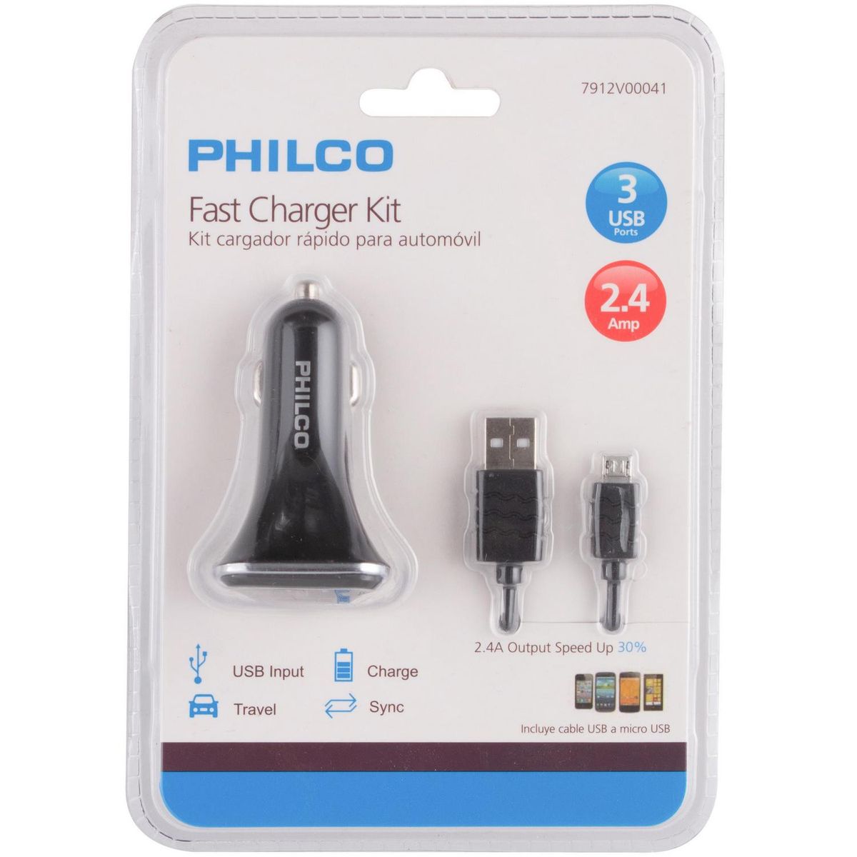 PHILCO - Kit Cargador Rápido Auto Philco 2.4a Triple Usb con Cable Micro