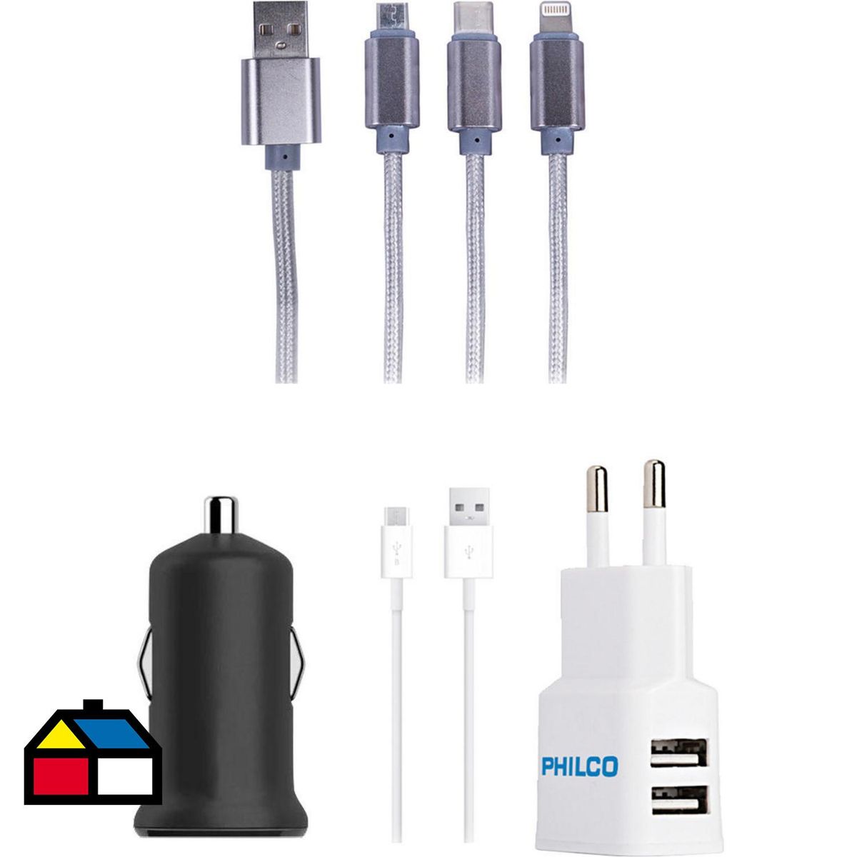PHILCO - Kit Cargador 220/12V + Cable Triple Usb / Iphone