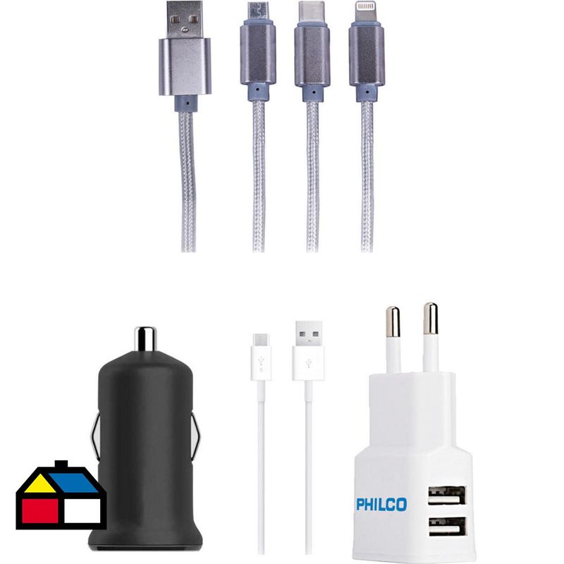 PHILCO - Kit cargador 220/12v + cable triple USB / iphone
