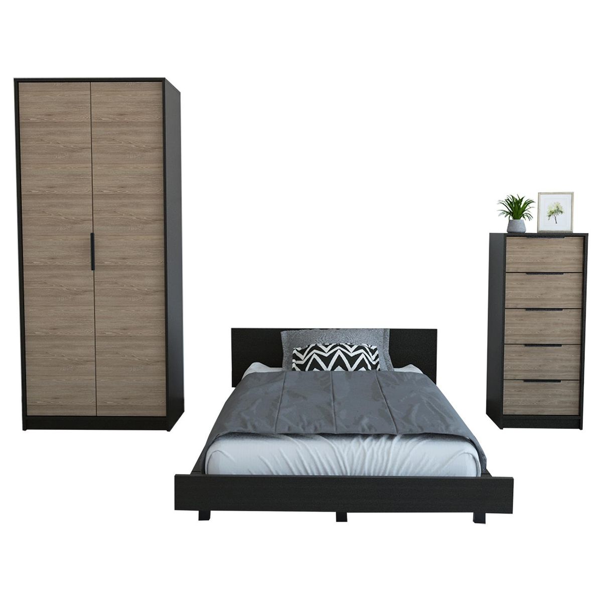 TUHOME - Set cama 1,5 plazas + clóset + cómoda 5 cajones wengue/miel