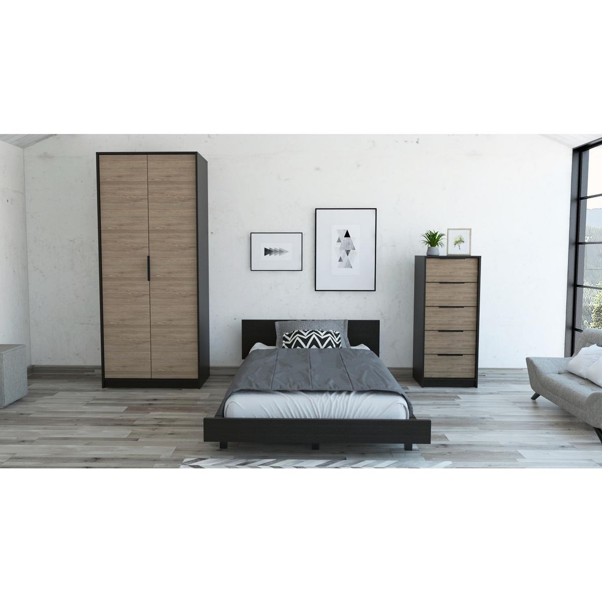 TUHOME - Set cama 1,5 plazas + clóset + cómoda 5 cajones wengue/miel