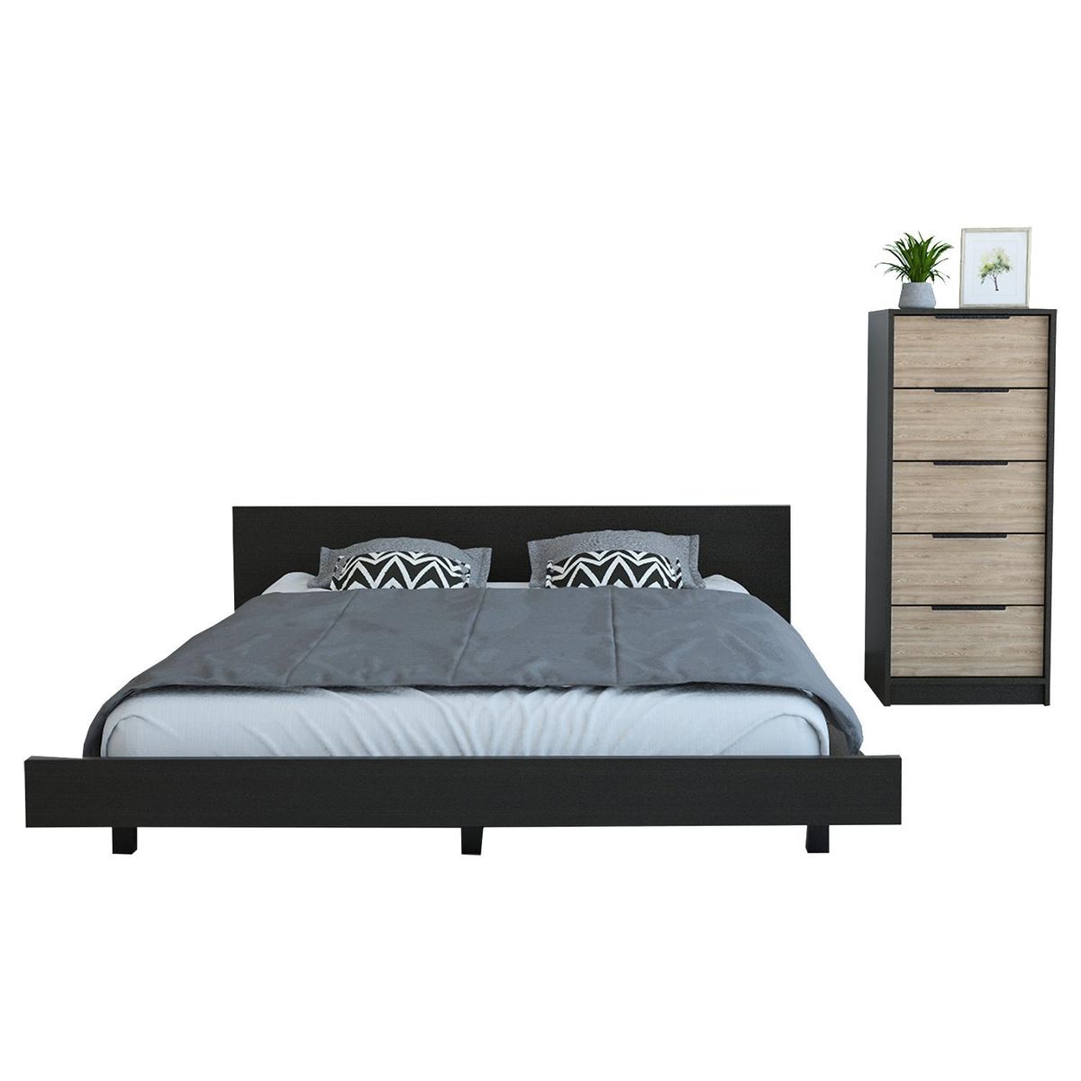 TUHOME - Set Cama 2 Plazas + Cómoda 5 Cajones Wengue/Miel
