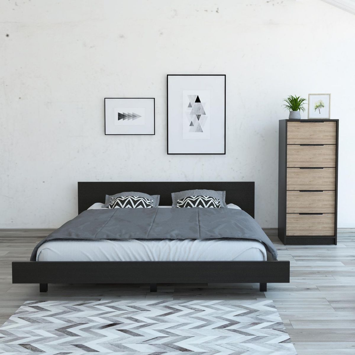 TUHOME - Set Cama 2 Plazas + Cómoda 5 Cajones Wengue/Miel