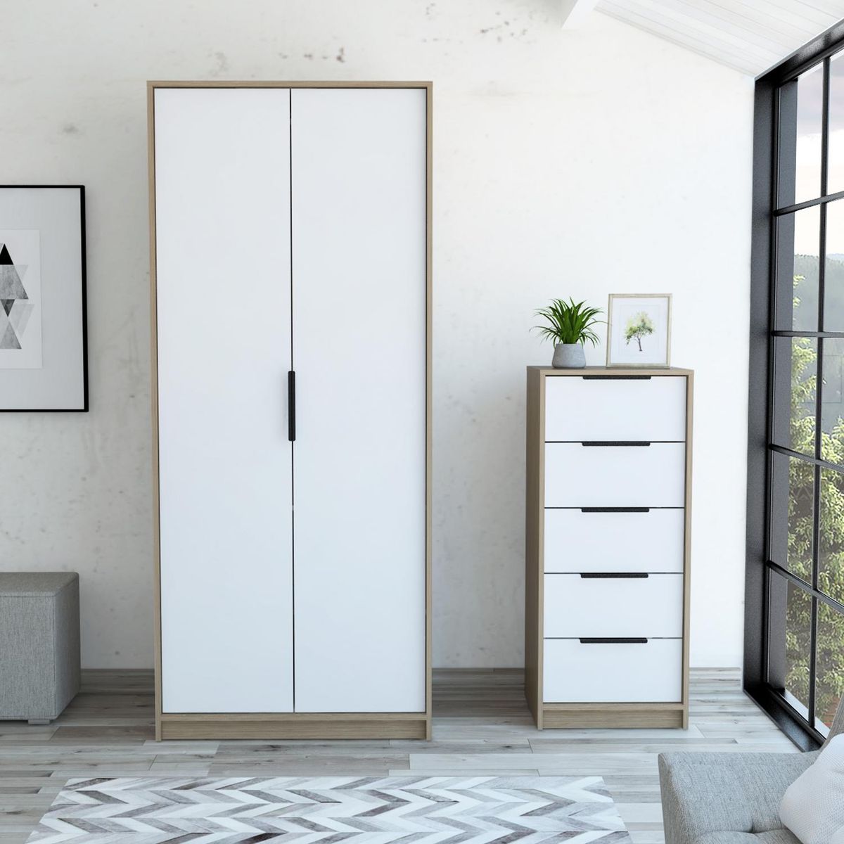 TUHOME - Set Clóset + Cómoda 5 Cajones Miel/Blanco