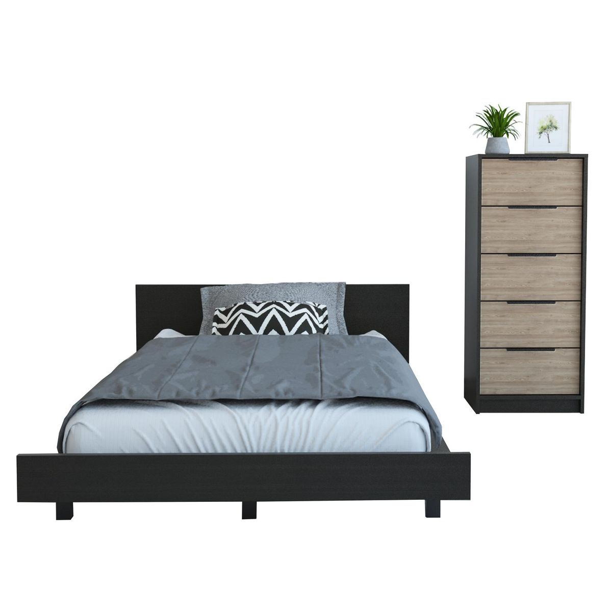TUHOME - Set Cama 1,5 Plazas + Cómoda 5 Cajones Wengue/Miel