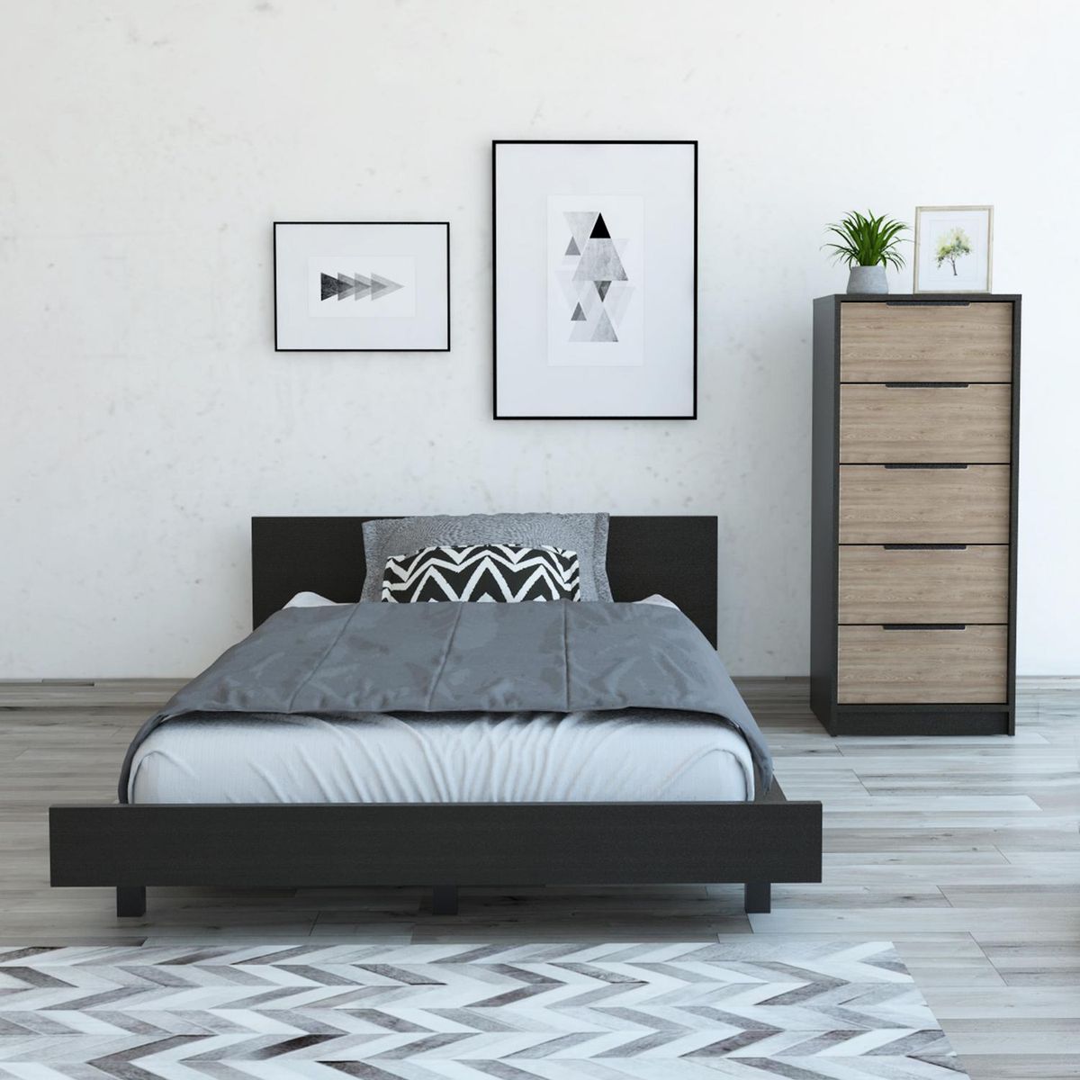 TUHOME - Set Cama 1,5 Plazas + Cómoda 5 Cajones Wengue/Miel