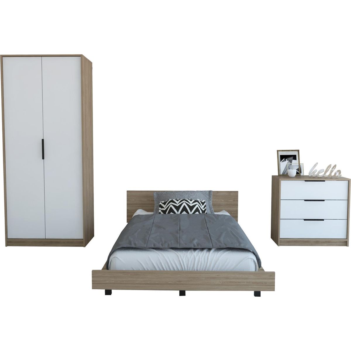 TUHOME - Set cama 1,5 plazas + clóset + cómoda 3 cajones miel/blanco