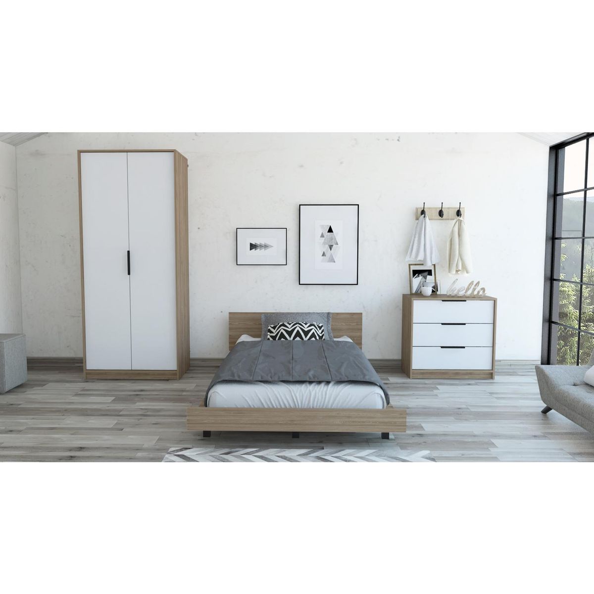 TUHOME - Set cama 1,5 plazas + clóset + cómoda 3 cajones miel/blanco