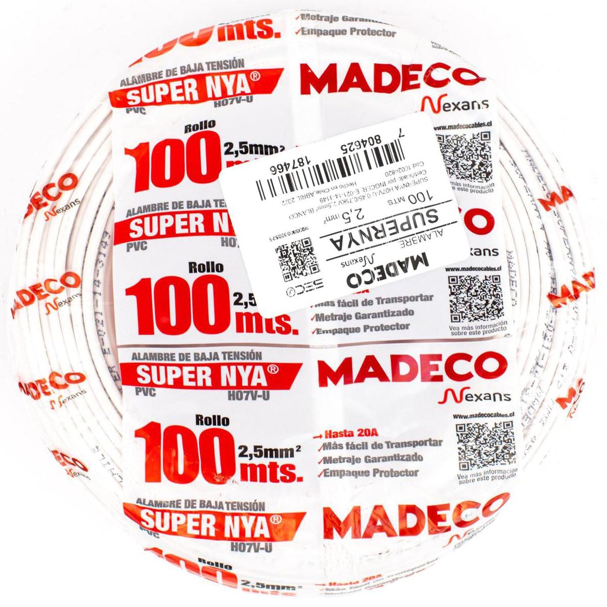 MADECO - Alambre NYA 1x2,5 mm2 Blanco 100 metro(s) 