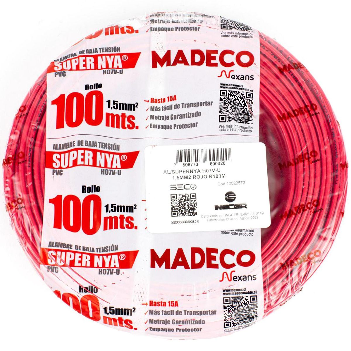 MADECO - Alambre de Cobre Aislado H07V-U 1x1,5 mm2 Rojo 100 metro(s) 
