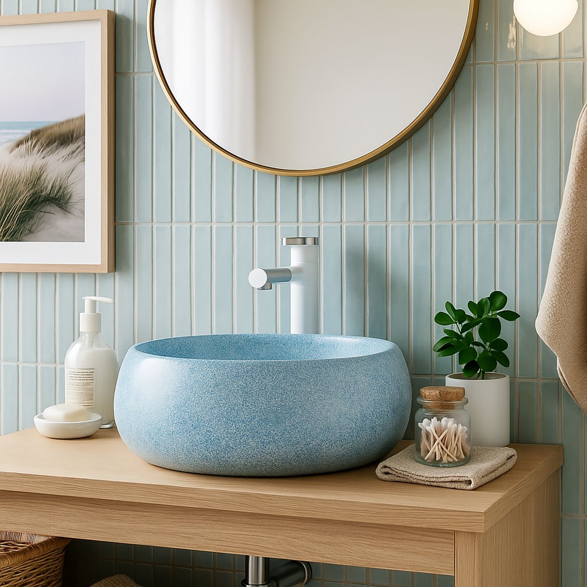 DOMSA - Lavamanos Sobrepuesto Forma Redonda Loza 40x15.5x40 cm Celeste