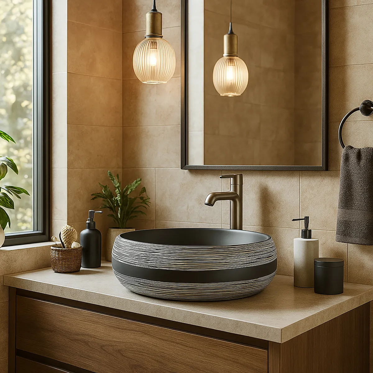 DOMSA - Lavamanos Sobrepuesto Forma Redonda Loza 47.5x14.5x34 cm Negro