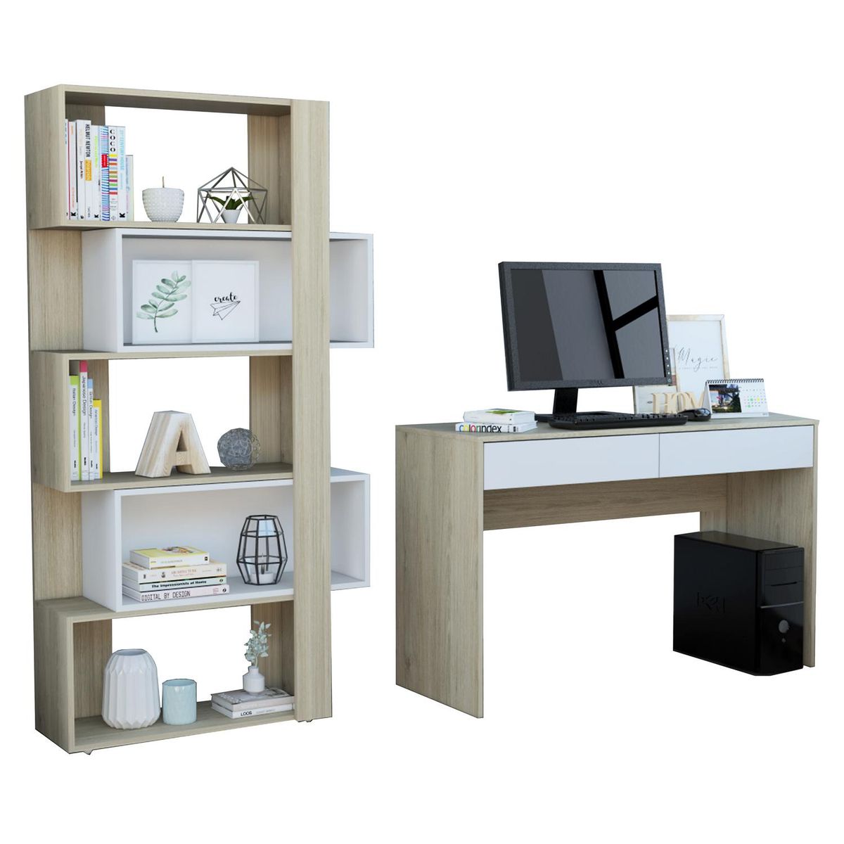 TUHOME - Set escritorio + estante oak/blanco